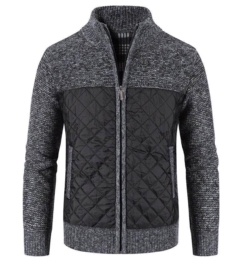 Men's zip-up fleece jacket in dark charcoal gray with quilted diamond-pattern center panels
