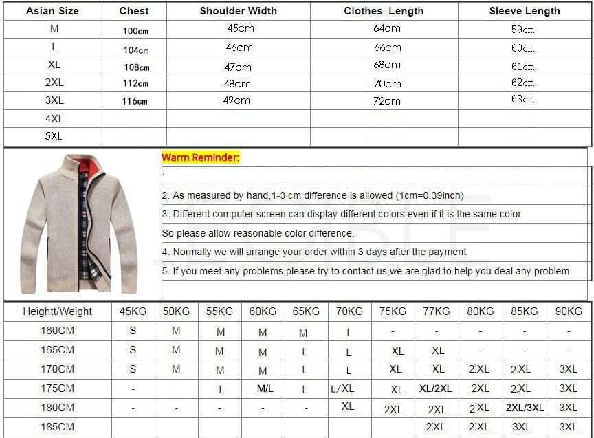 Size chart table with chest, shoulder width, clothing length, sleeve length