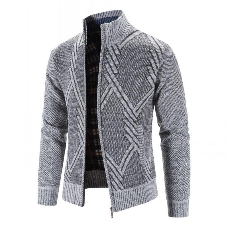 Men's gray knit zip jacket with geometric quilted front panel and stand collar