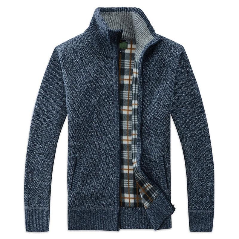 Men's dark blue textured zip-up fleece hoodie, plaid lining, front pockets