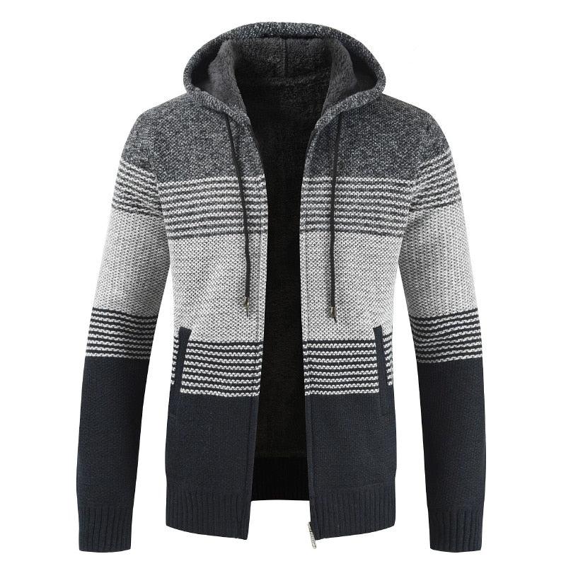 Men's light grey knit zip-up hoodie with black stripe panels, plaid lining