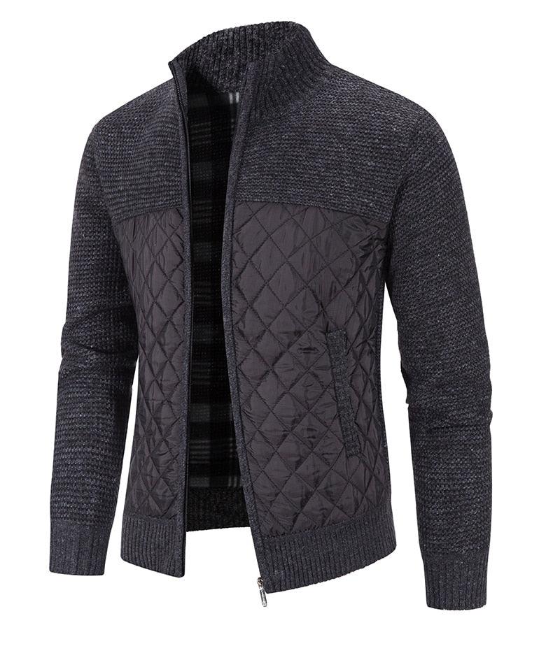 Men's zip-up fleece jacket, dark gray knit with quilted diamond panels and center zipper