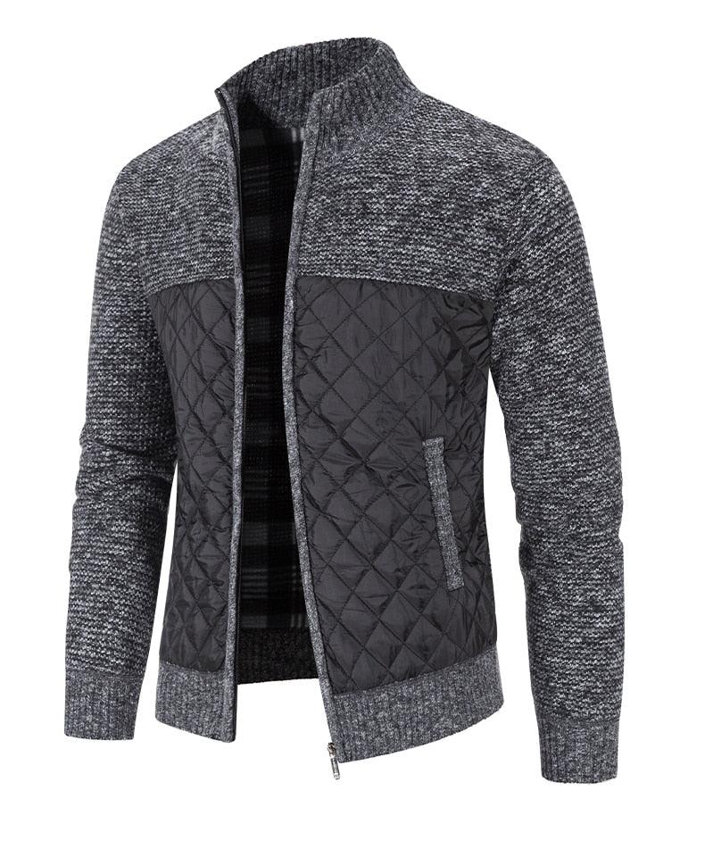 Men's zip-up fleece jacket in dark gray with quilted diamond panels and stand collar