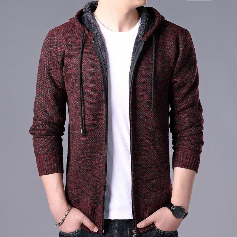 Men's dark red knit zip-up hoodie with drawstring hood and ribbed cuffs