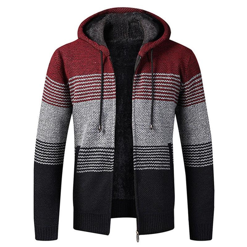 Men's burgundy and black knit hooded jacket with striped panels and zip front
