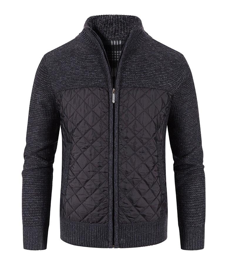 Men's zip-up fleece jacket with black textured knit and quilted diamond-pattern panels