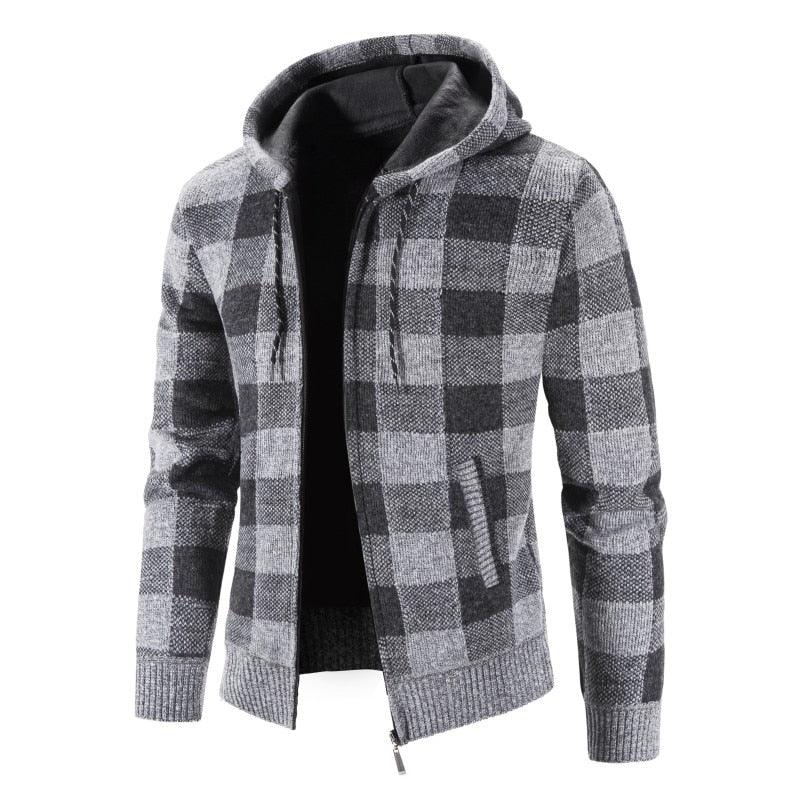 Men's gray and black plaid hooded knit jacket with zip front and ribbed cuffs