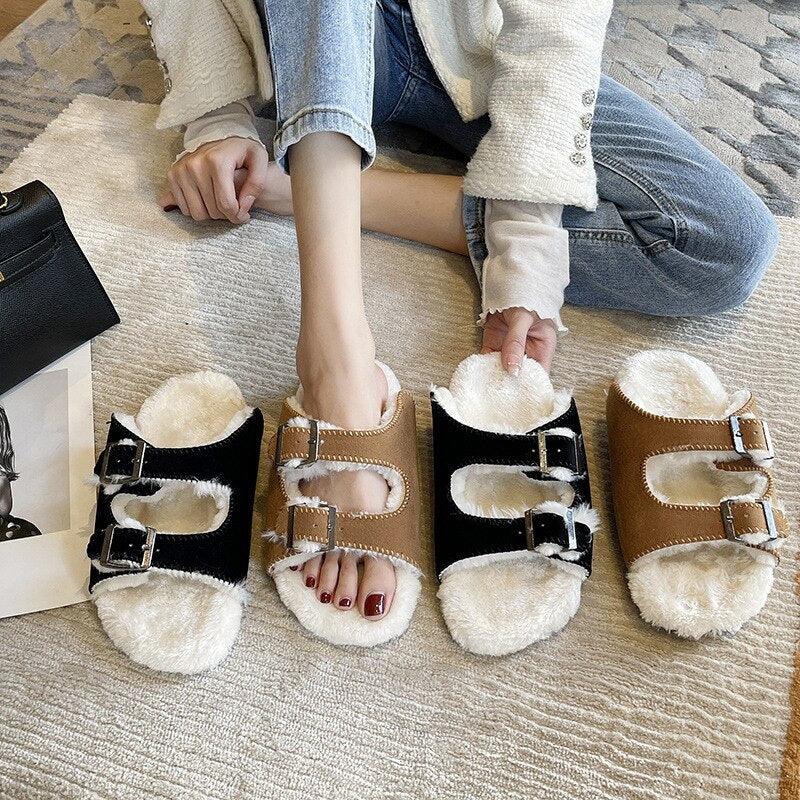 Double-buckle faux-fur slippers, black and brown, with adjustable metal straps