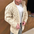 Men's beige cable-knit cardigan sweater with shawl collar and ribbed cuffs