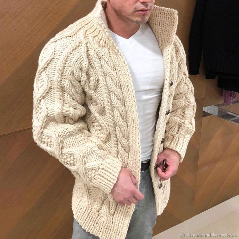 Men's beige cable-knit cardigan sweater with shawl collar and ribbed cuffs