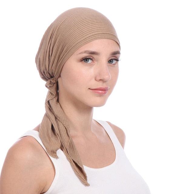 Ribbed wrap hijab cap with side drape, beige