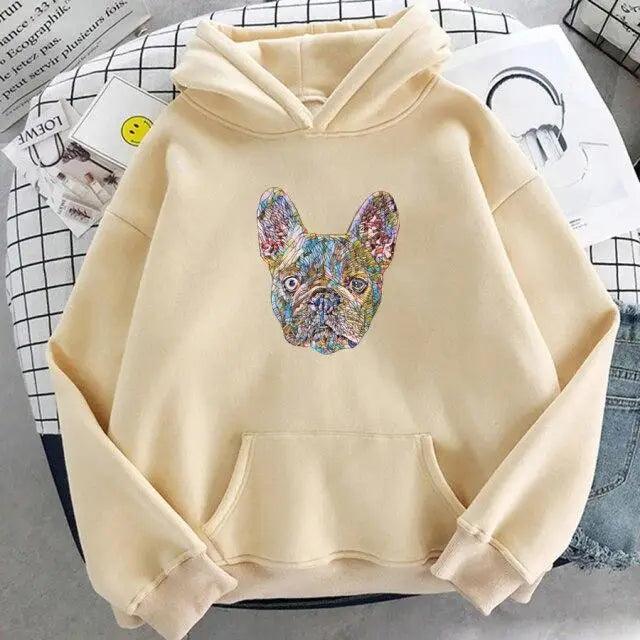 Beige oversized hoodie with colorful French bulldog face graphic, hood and front kangaroo pocket