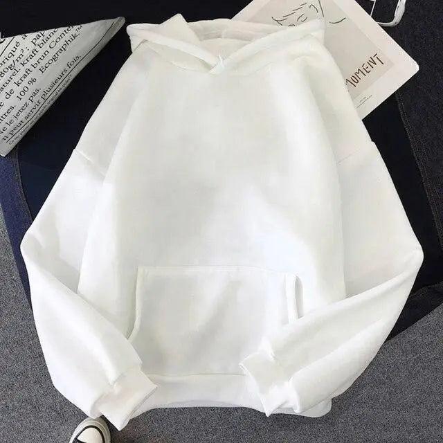 White oversized hoodie with front pocket and hood, no visible graphic