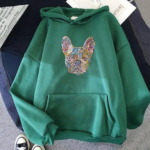 Green oversized hoodie with colorful French bulldog face graphic, hooded sweatshirt with pocket