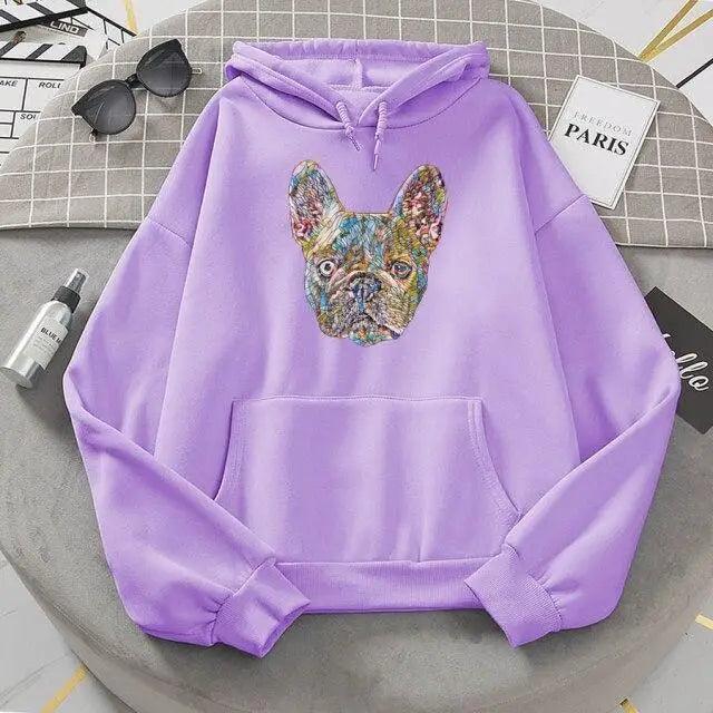 Purple oversized hoodie with colorful French bulldog face graphic, hood and kangaroo pocket