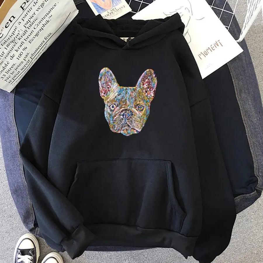 Black oversized hoodie with colorful French bulldog face graphic, hood, and front pocket