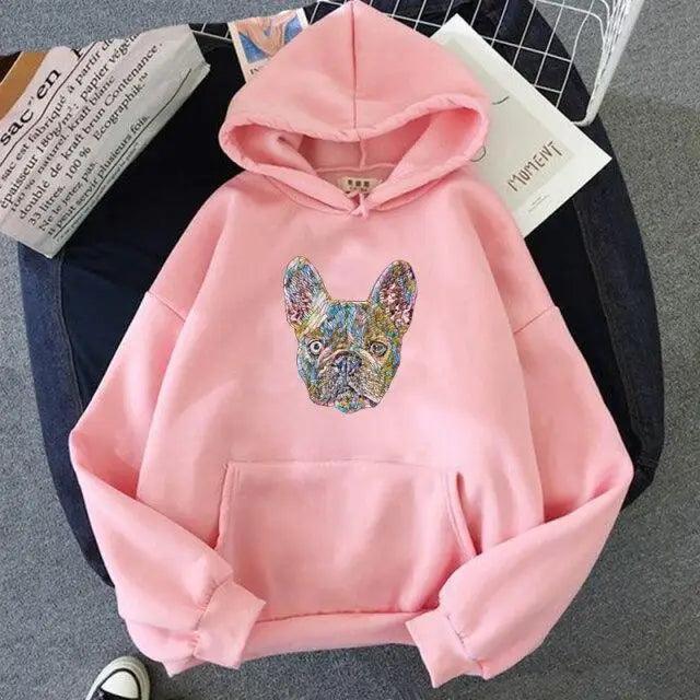 Pink oversized hoodie with colorful French bulldog face graphic, hood and front pocket