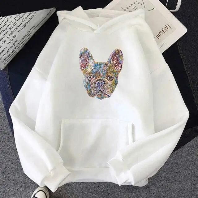 White oversized hoodie with colorful French bulldog face graphic, hooded sweatshirt front pocket