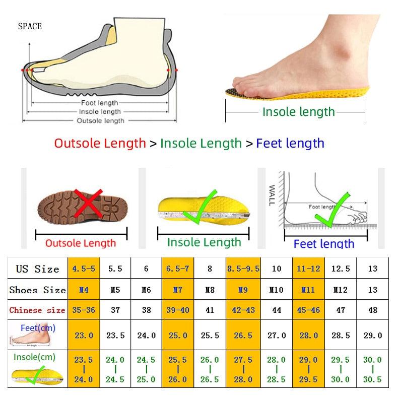Men’s slipper size chart with foot length, insole length, and outsole length guide
