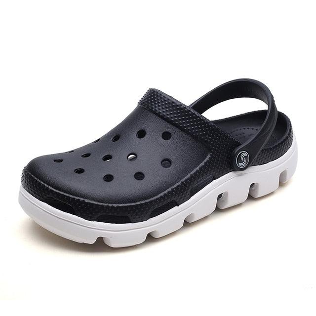 Men's slip-on garden clog sandals, black with white outsole and perforated top
