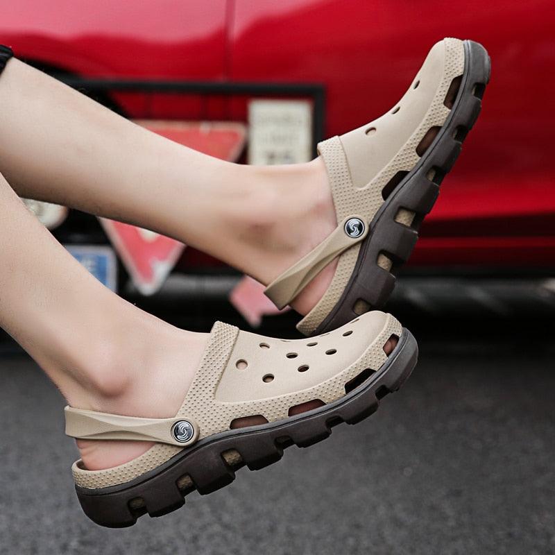 Men's slip-on garden clog sandals, beige with black outsole and perforated upper