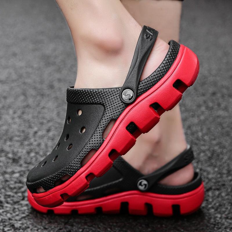 Men's slip-on garden clog sandals, black upper with red accents and heel strap