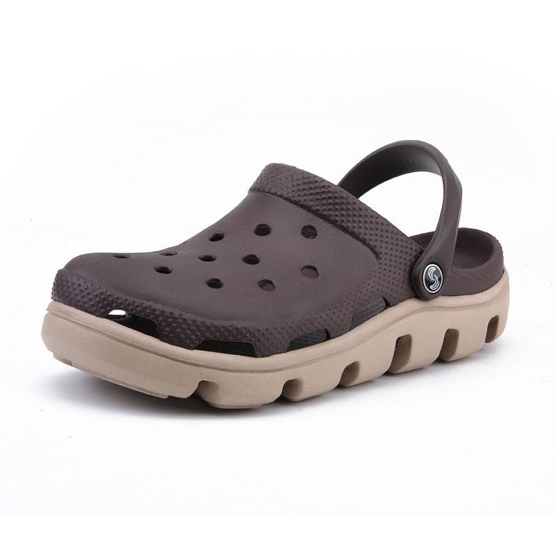 Men's slip-on garden clog sandals, dark gray with light beige sole and heel strap