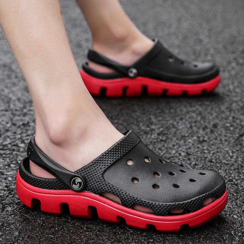 Men's slip-on garden clog sandals, black and red with perforated upper and strap