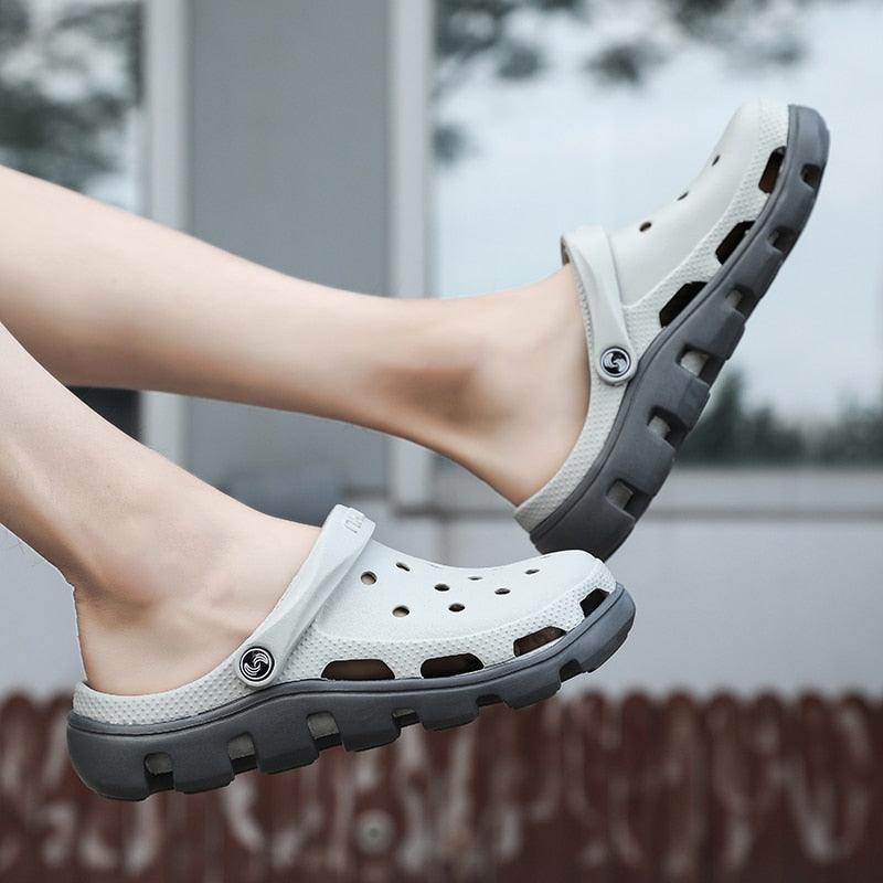 Men's slip-on garden clog sandals, white with gray outsole and perforated upper