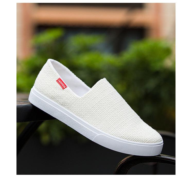 White knit canvas slip-on sneakers with white rubber sole