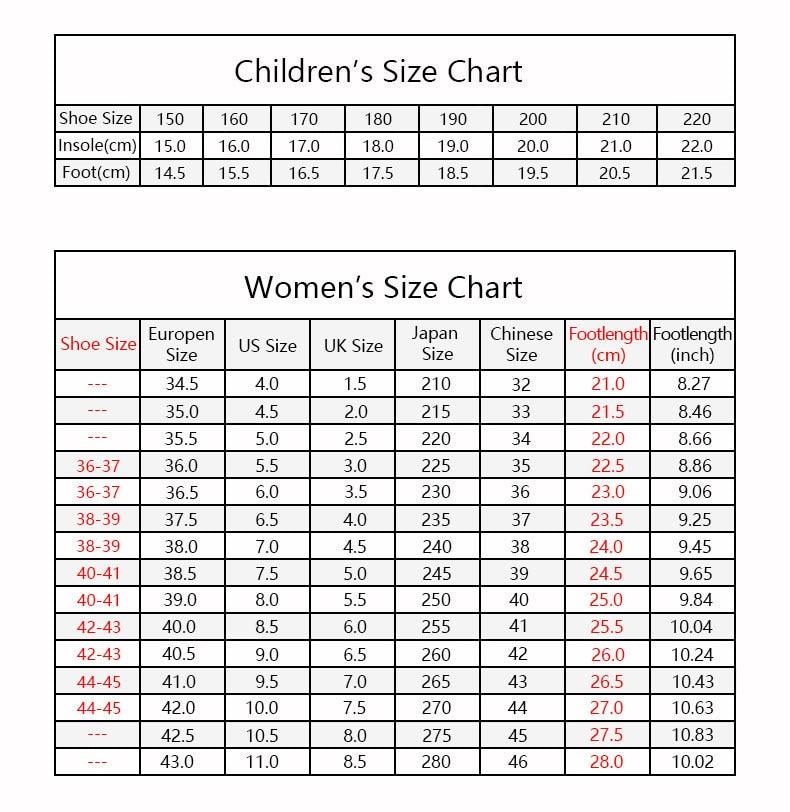 Children's and women's size chart with shoe size and footlength tables