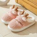 Plush platform slippers, light pink with white deer face and tan antler detail