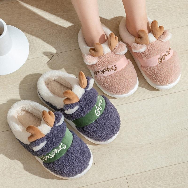 Thick-soled plush deer Christmas slippers set, pink, gray, and purple styles.