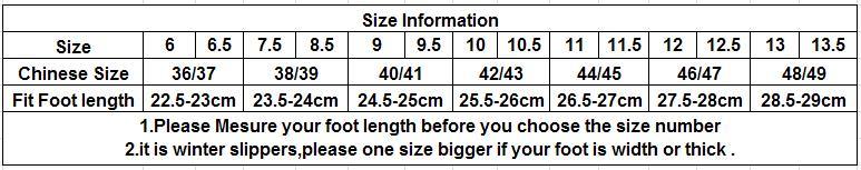 Slipper size information chart with Chinese size and foot length ranges