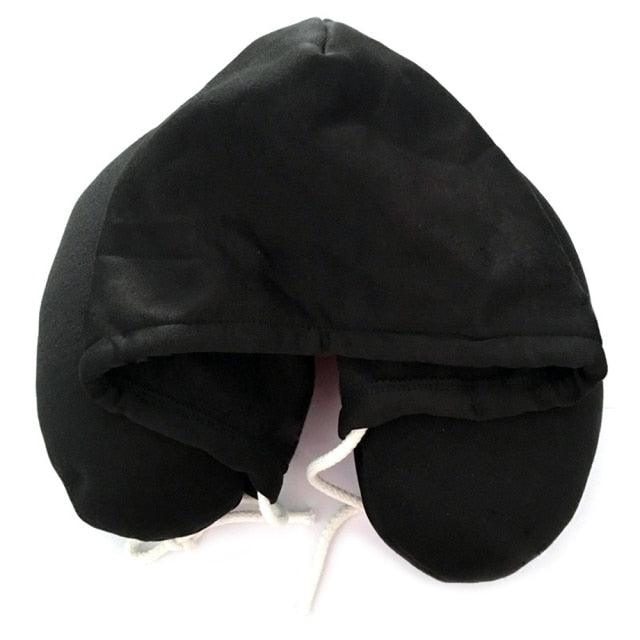 Hooded travel neck pillow, black U-shape with hood and white drawstring