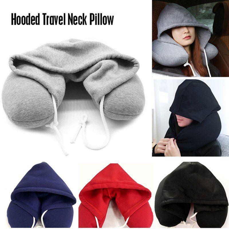 Hooded travel neck pillow, dark gray U-shape with hoodie and white drawstrings