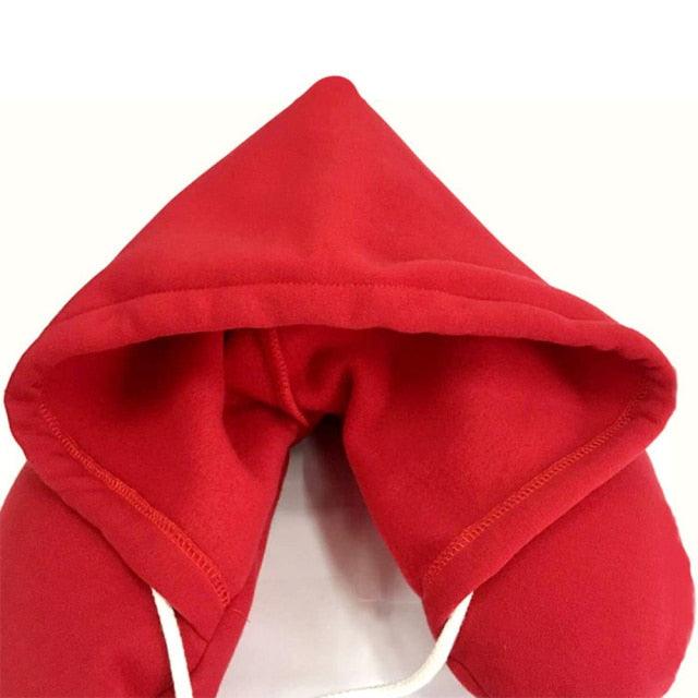 Hooded travel neck pillow, red U-shape with hood and white drawstrings