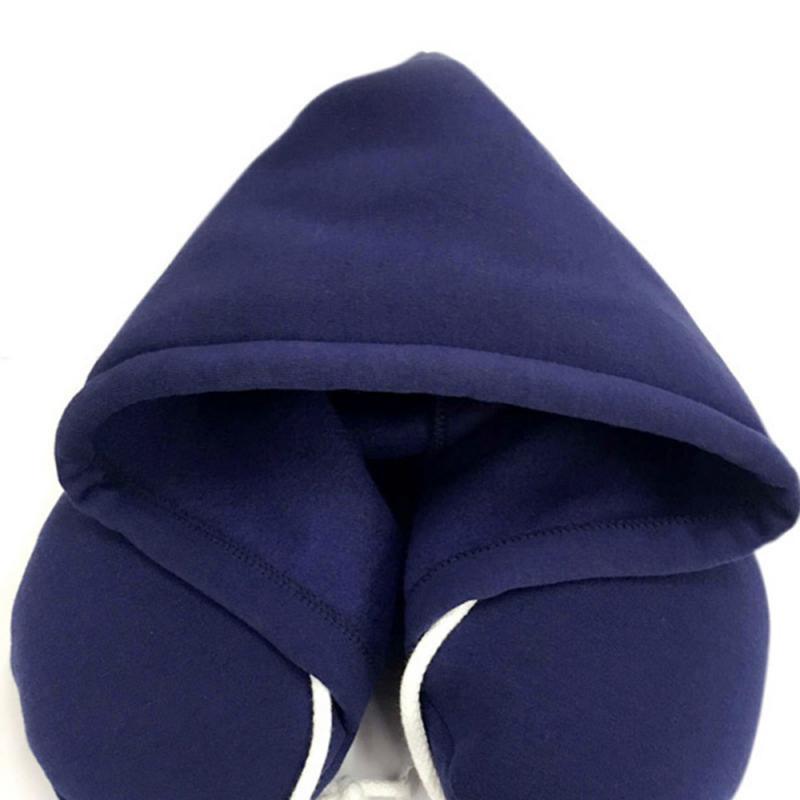 Hooded travel neck pillow, navy U-shape with hood and inner padding
