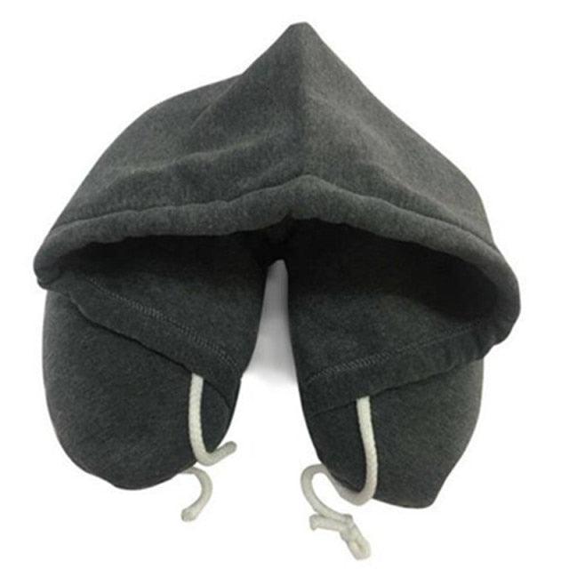 Hooded travel neck pillow, dark gray U-shape with hood and white drawstring ties