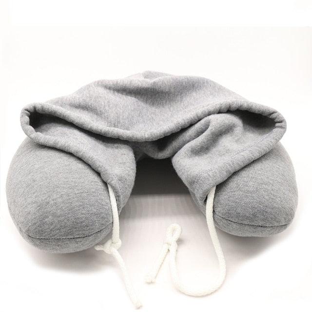 Hooded travel neck pillow, light gray U-shape with hoodie and white drawstrings
