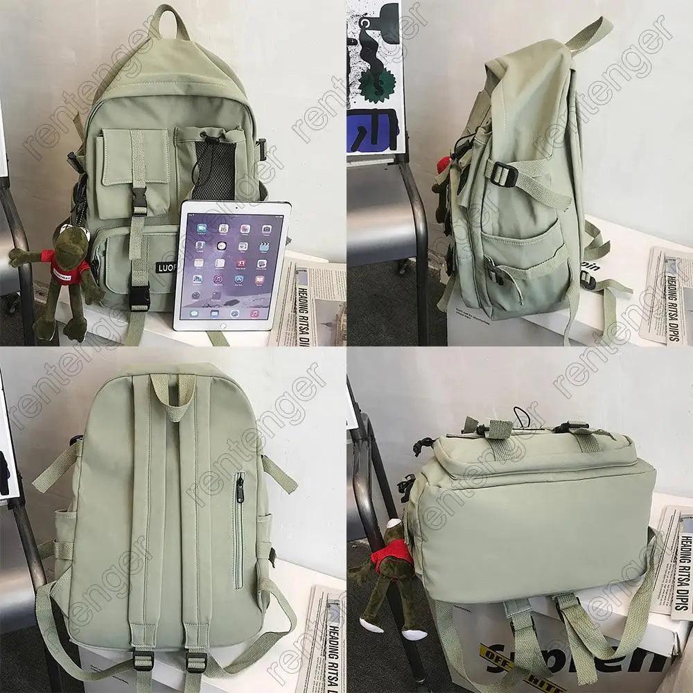 Light green and beige backpacks shown open, with front pockets for tablets and gear