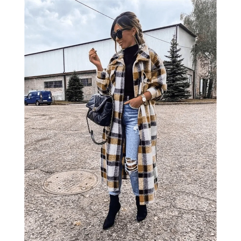 Tan, black, and white plaid long coat with button front and notched lapels