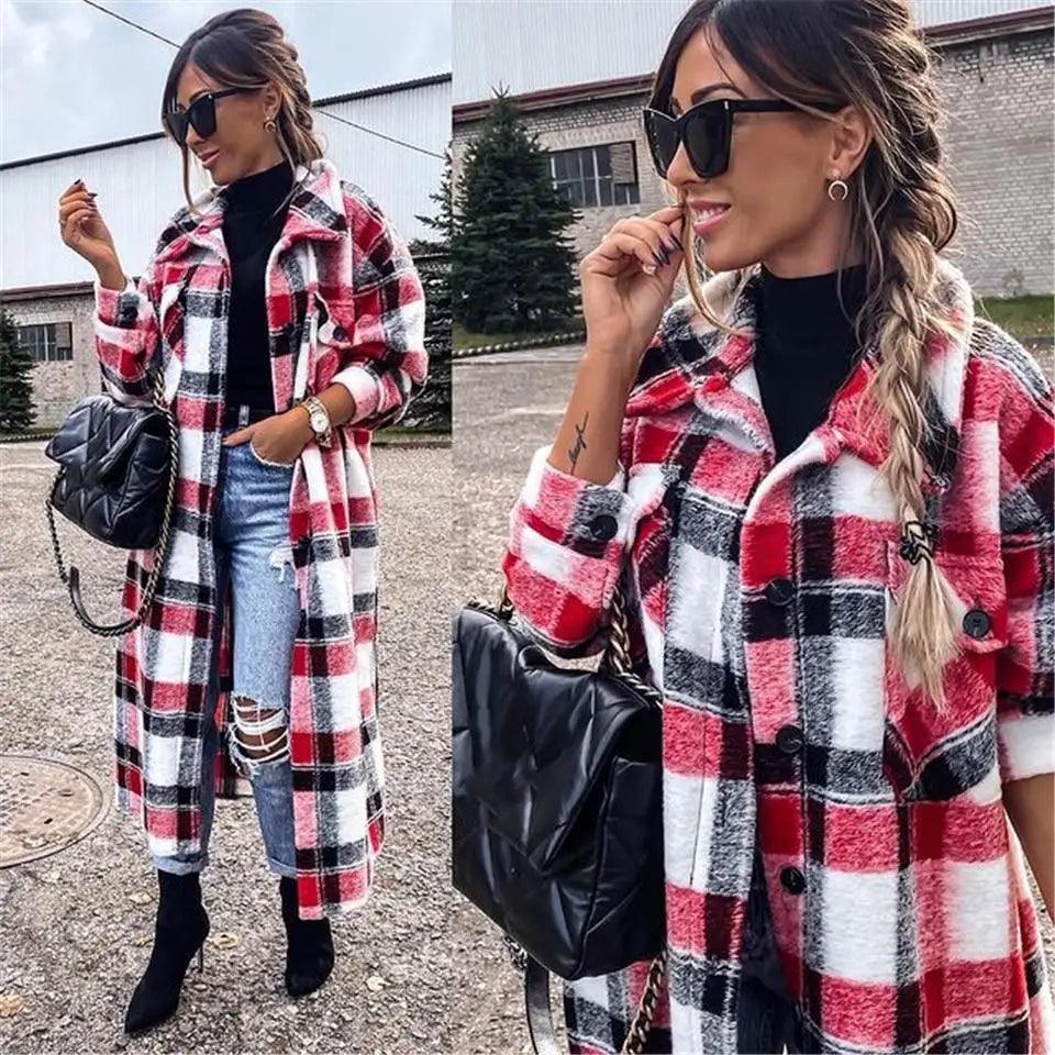Red, white, and black plaid long coat with button front and notched lapels