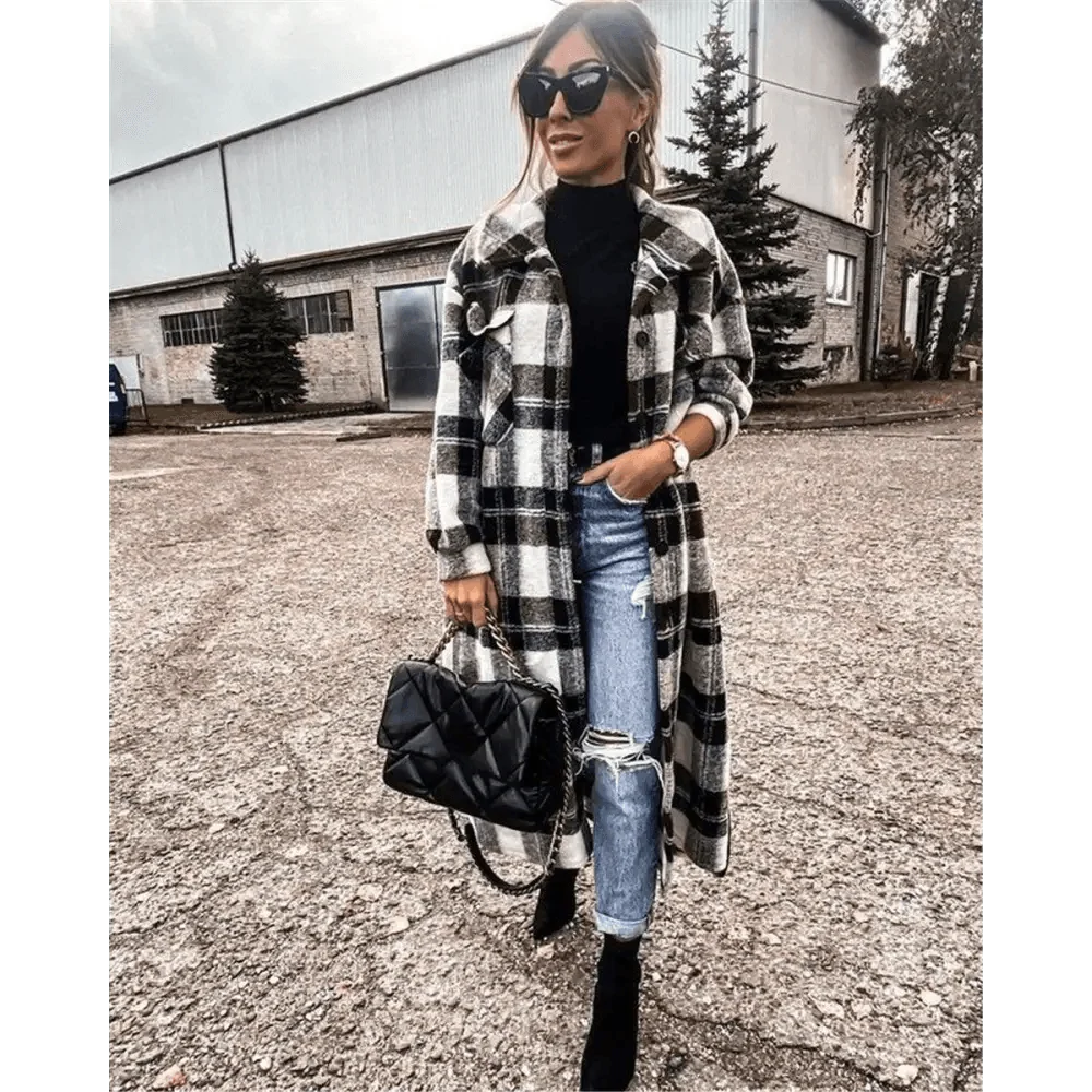 Red and black plaid long coat with button front and notched lapels