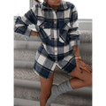 Women’s long plaid coat in dark blue, gray, and white; button front with lapels