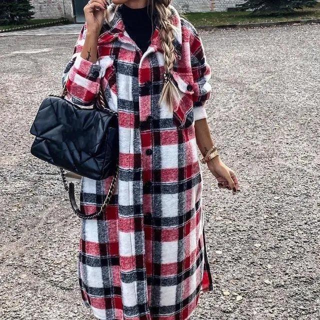 Red, white, and black plaid long coat with button front and long sleeves