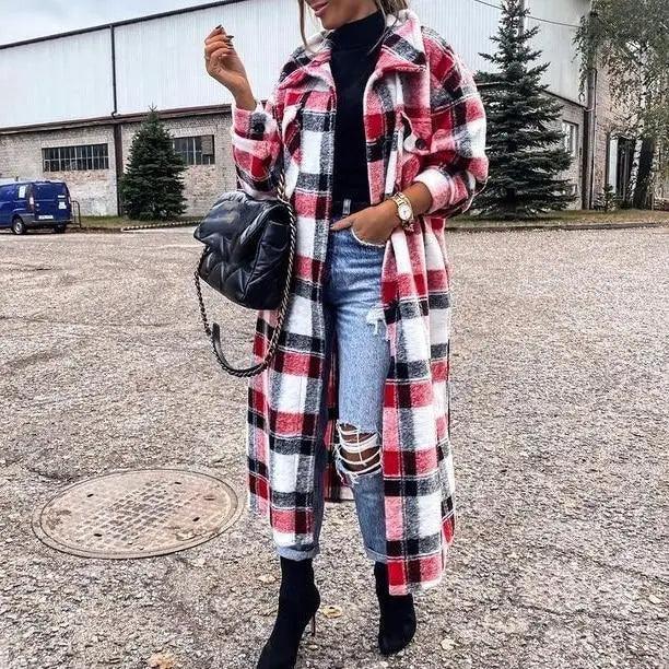 Red plaid long coat with button front, notched lapels, and long sleeves