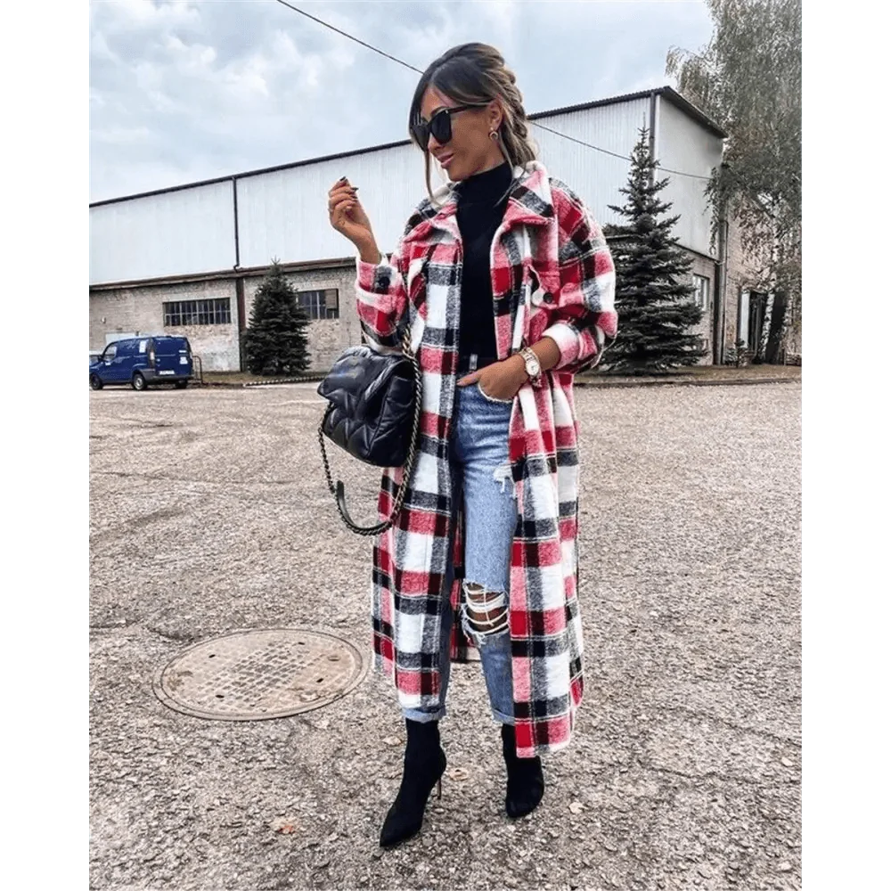 Women’s long plaid coat, red and white with black stripes; lapel single-breasted style