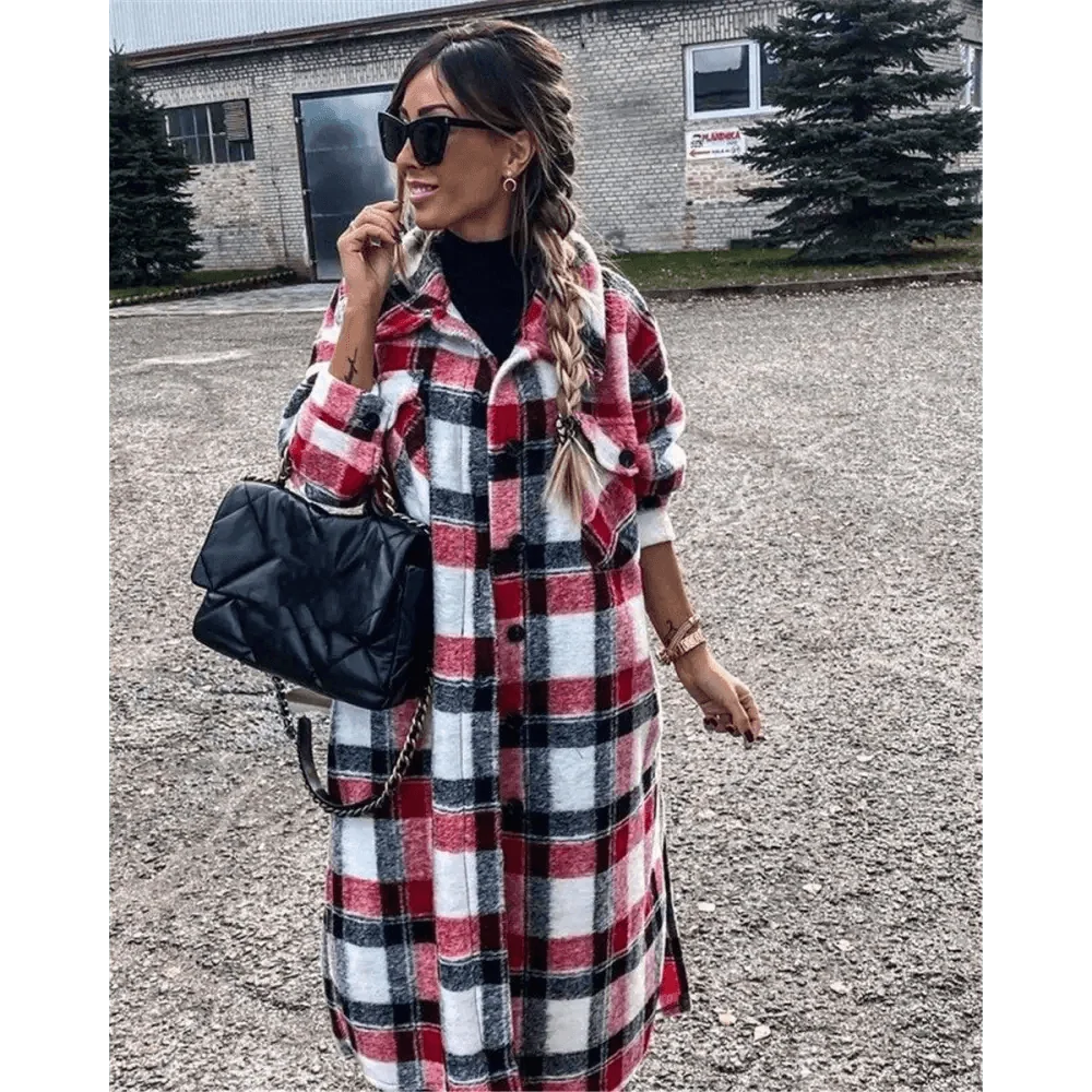 Red, white, and black plaid long coat with button front and notched lapels