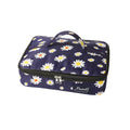 Navy daisy bento lunch bag with zip closure, top handle, and front logo label